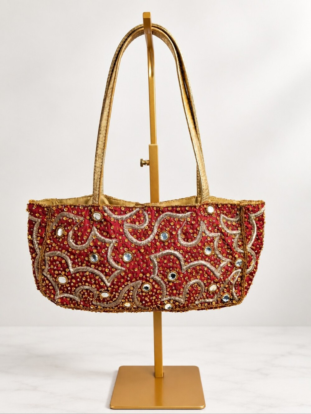 Christiana Vintage Beaded Silk Baguette Shoulder Bag Red Gold